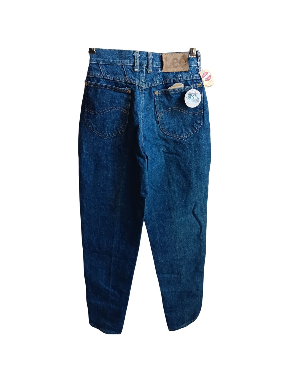 Vintage Lee Jeans 3 Long Stonewashed High Waist Tapered Leg Dark Blue Denim USA